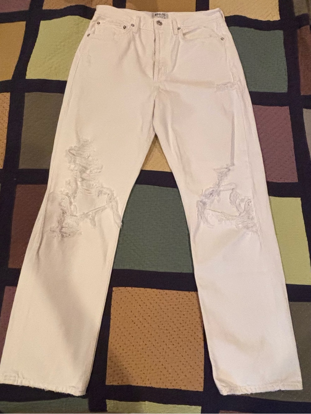 Agolde White Straight-Leg Distressed Jeans